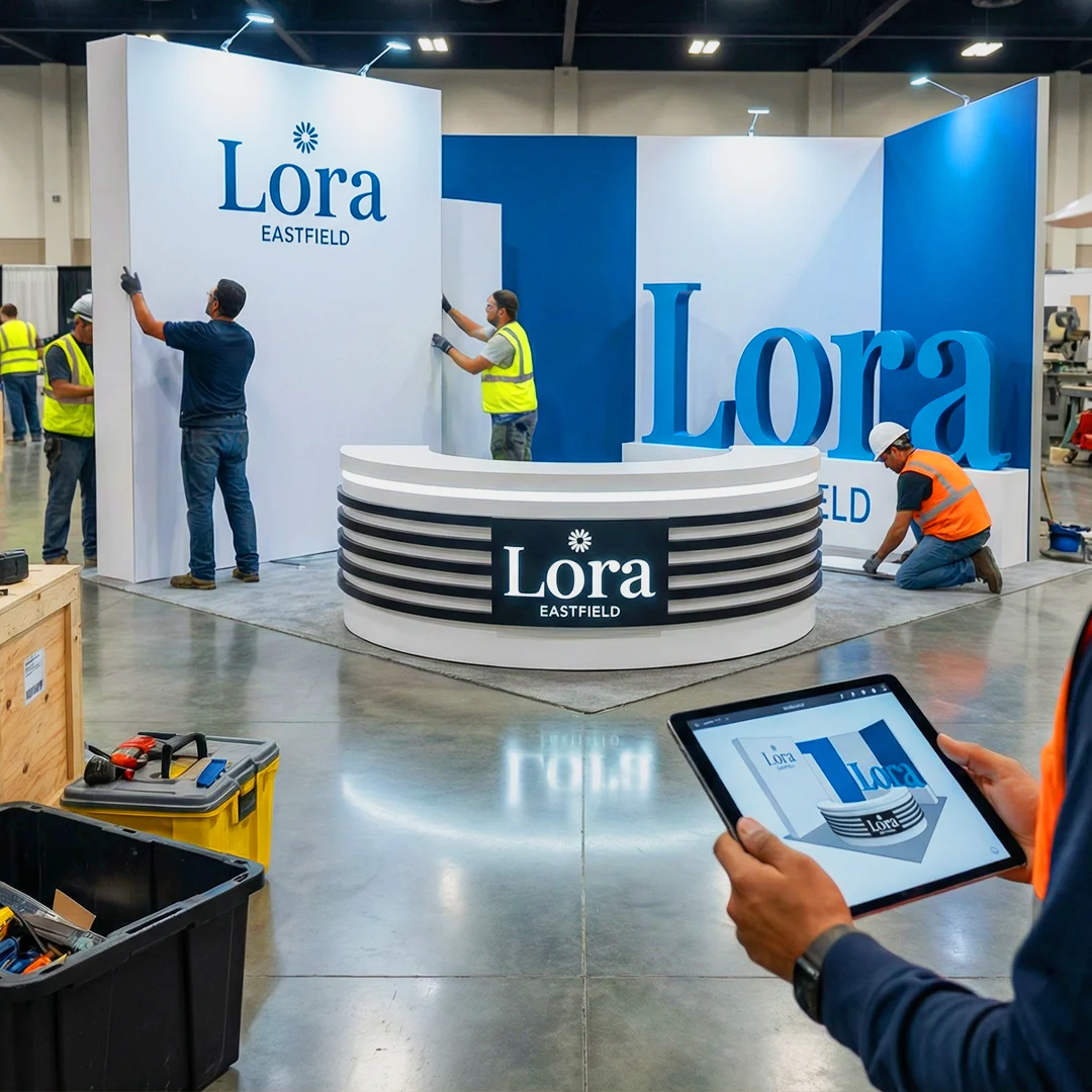 Workers assembling Lora EASTFIELD exhibition booth with curved desk, branded panels, and digital layout guidance