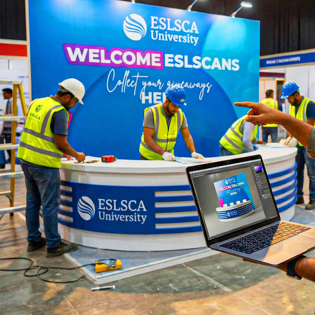 ESLSCA University booth under construction with workers assembling structure and digital design guidance