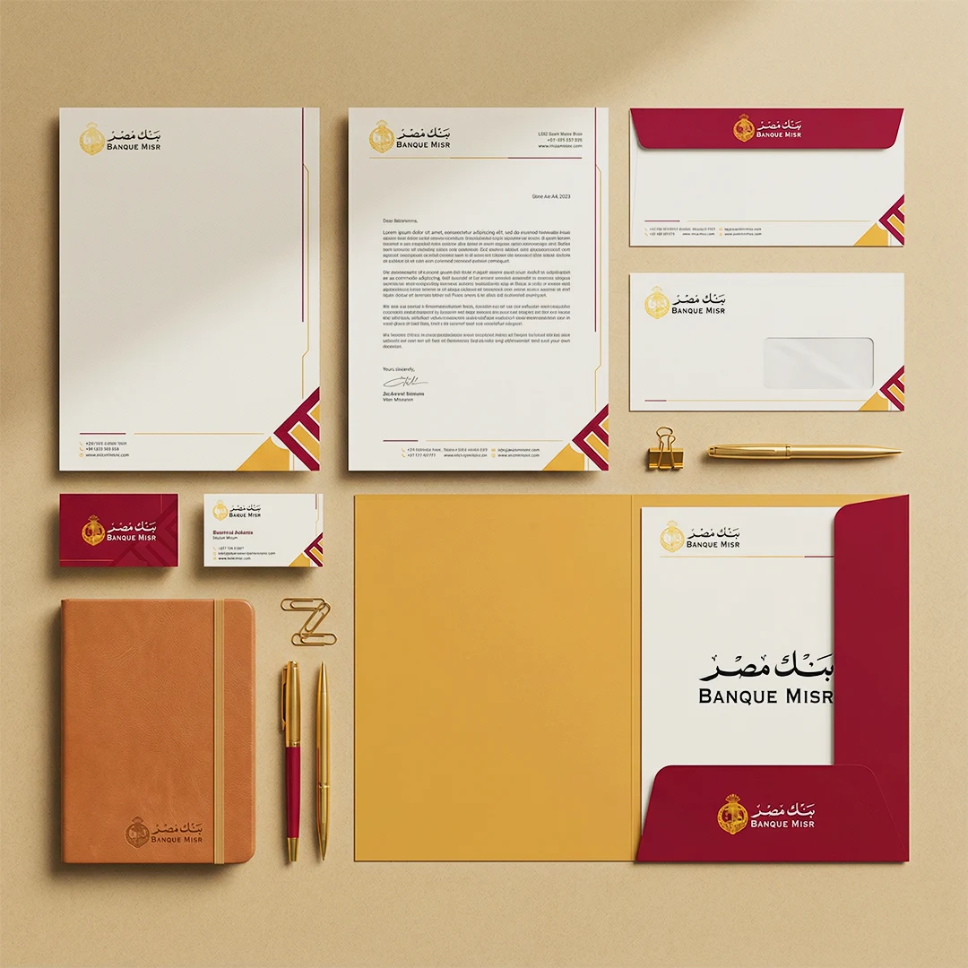 Banque Misr branded stationery set including letterhead, business cards, envelopes, notebook, and office accessories