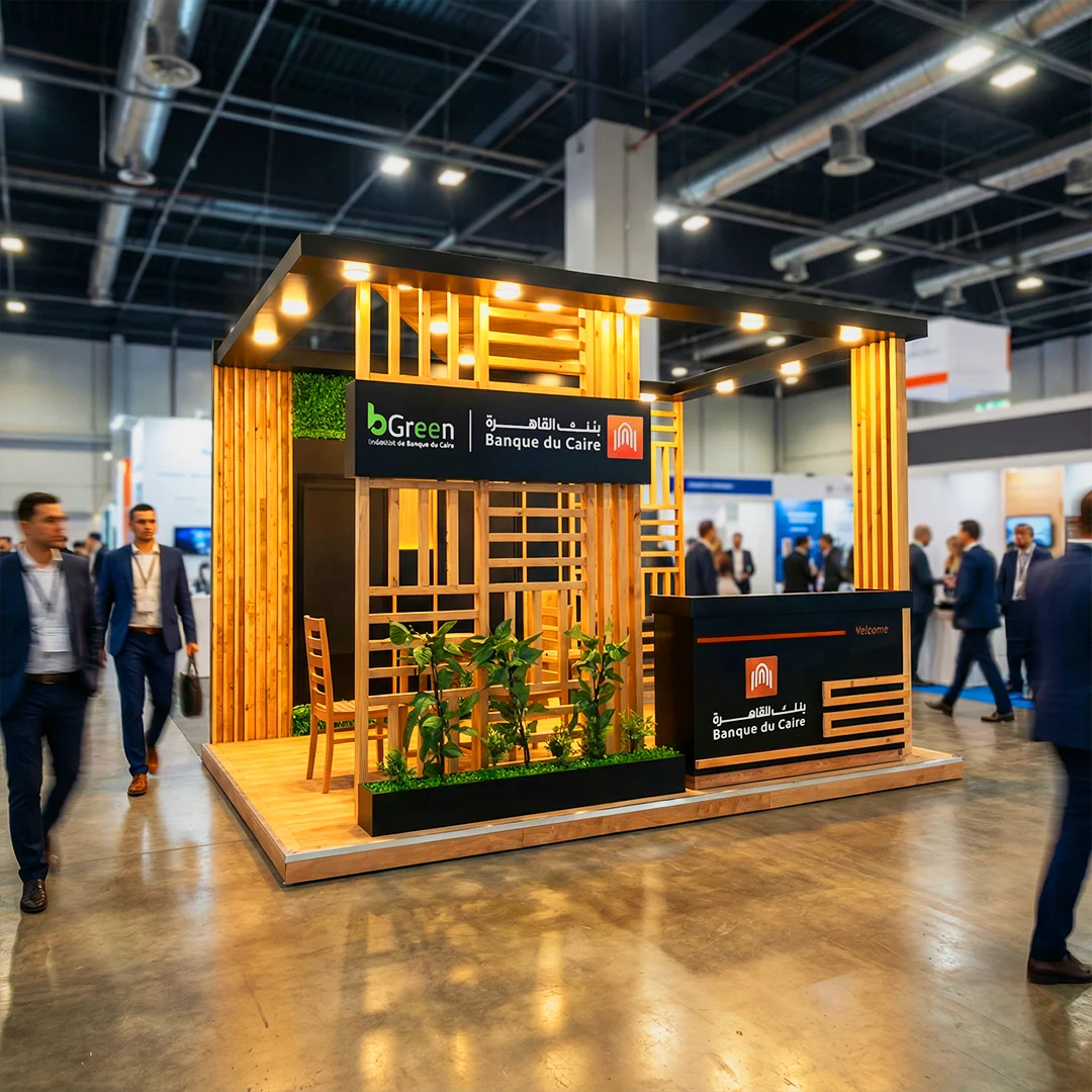 Banque du Caire bGreen initiative booth with wooden slats, seating area, and eco-friendly design at a conference