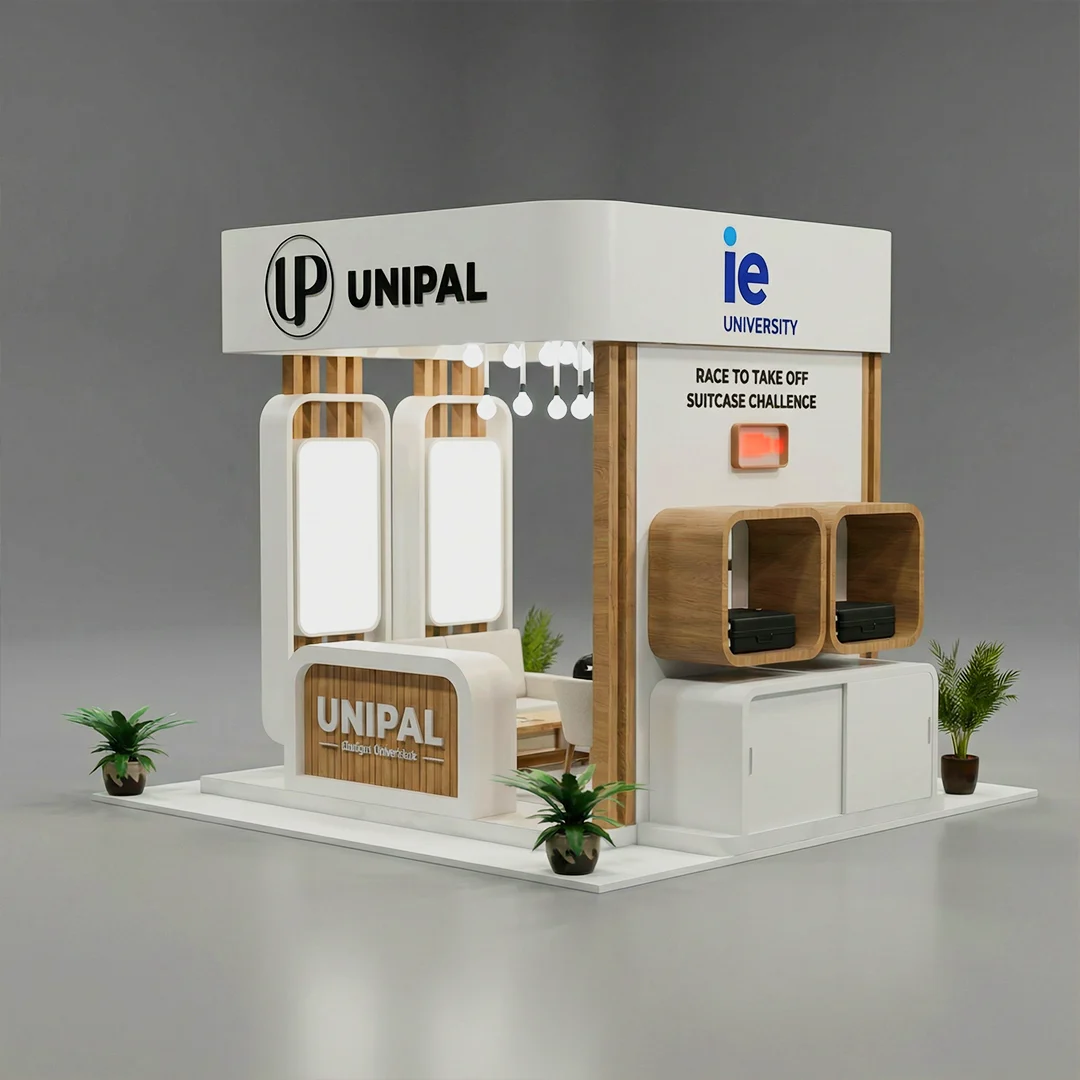 UNIPAL and ie UNIVERSITY exhibition booth with white and wooden design, interactive suitcase challenge, and illuminated branding